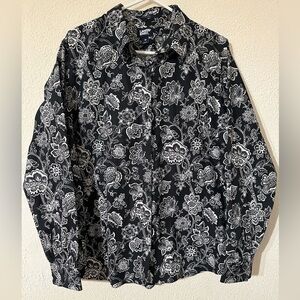 Land’s End Top Women Black/White 100% Cotton Floral Button Up Long Sleeve Size18